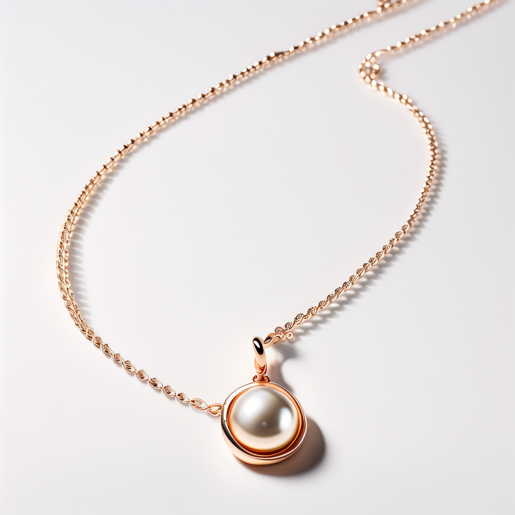 Rose gold fine chain necklace with an open ring pendant holding a small white pearl on white background