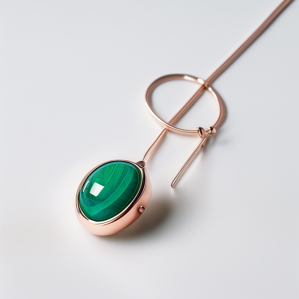Slim rose gold bar drop earrings with a small green malachite stone on white background