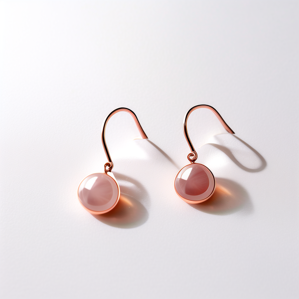 Rose gold open loop drop earrings with a single pink tourmaline bead on white background